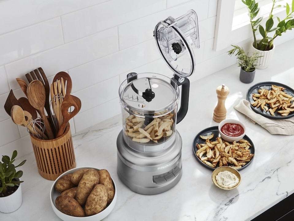 KitchenAid KFP1320CU in Contour Silver in the manufacturer's steak-fry feature scene