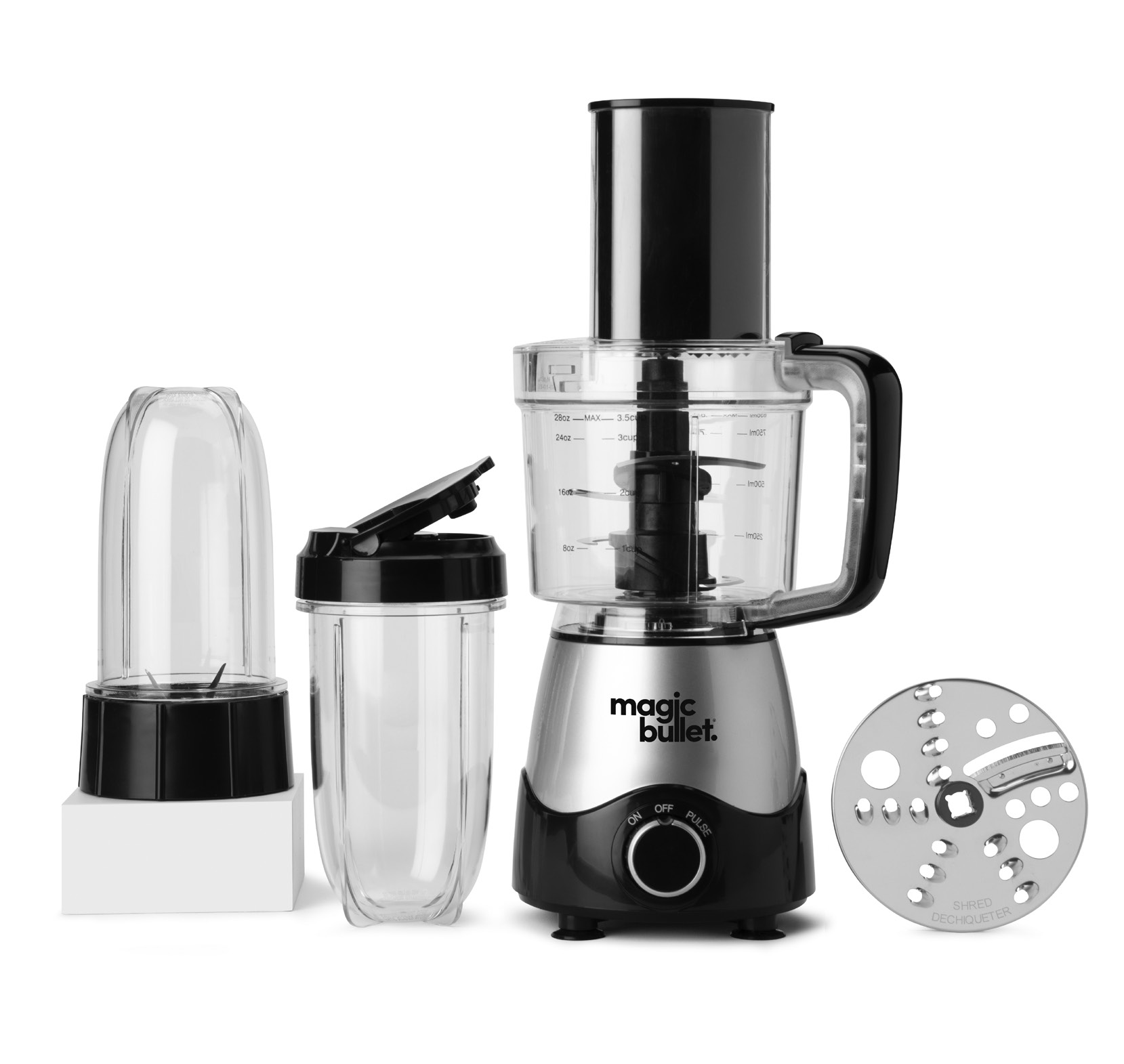 Magic Bullet Kitchen Express with processor bowl and feed chute, two personal blending cups, cross blade and reversible disc
