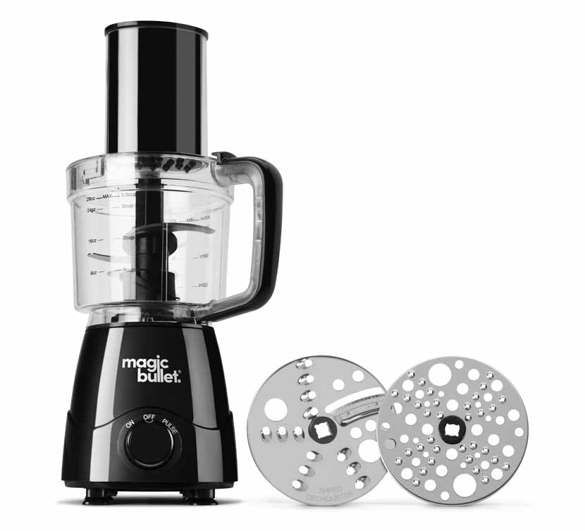 Black Magic Bullet Kitchen Prep base with transparent processor bowl, feed chute and two separate metal discs