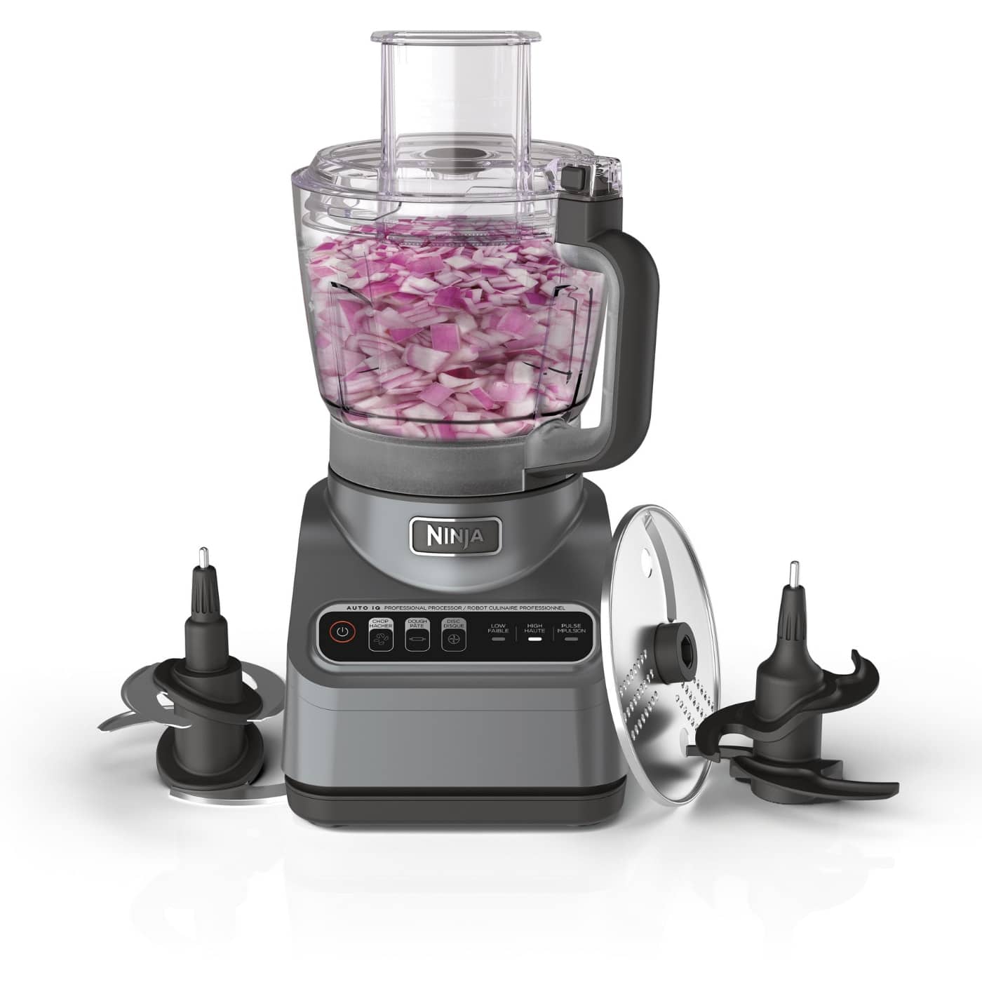 Ninja BN600C silver food processor with clear bowl, feed chute, reversible disc and chopping and dough blades