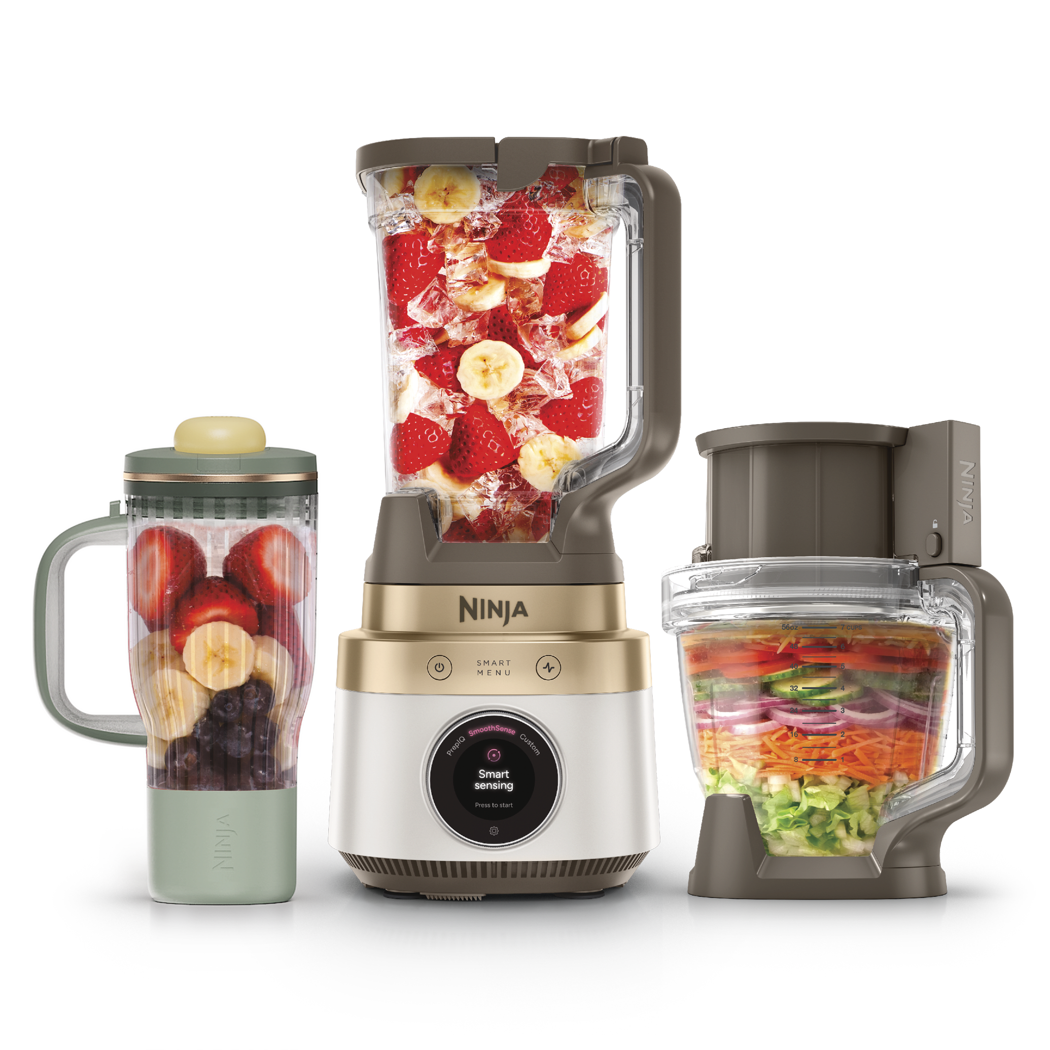 Ninja CrushBOSS LB401WH Stone & Gold system showing the XL pitcher, travel tumbler, 8-cup food processor bowl and motor base