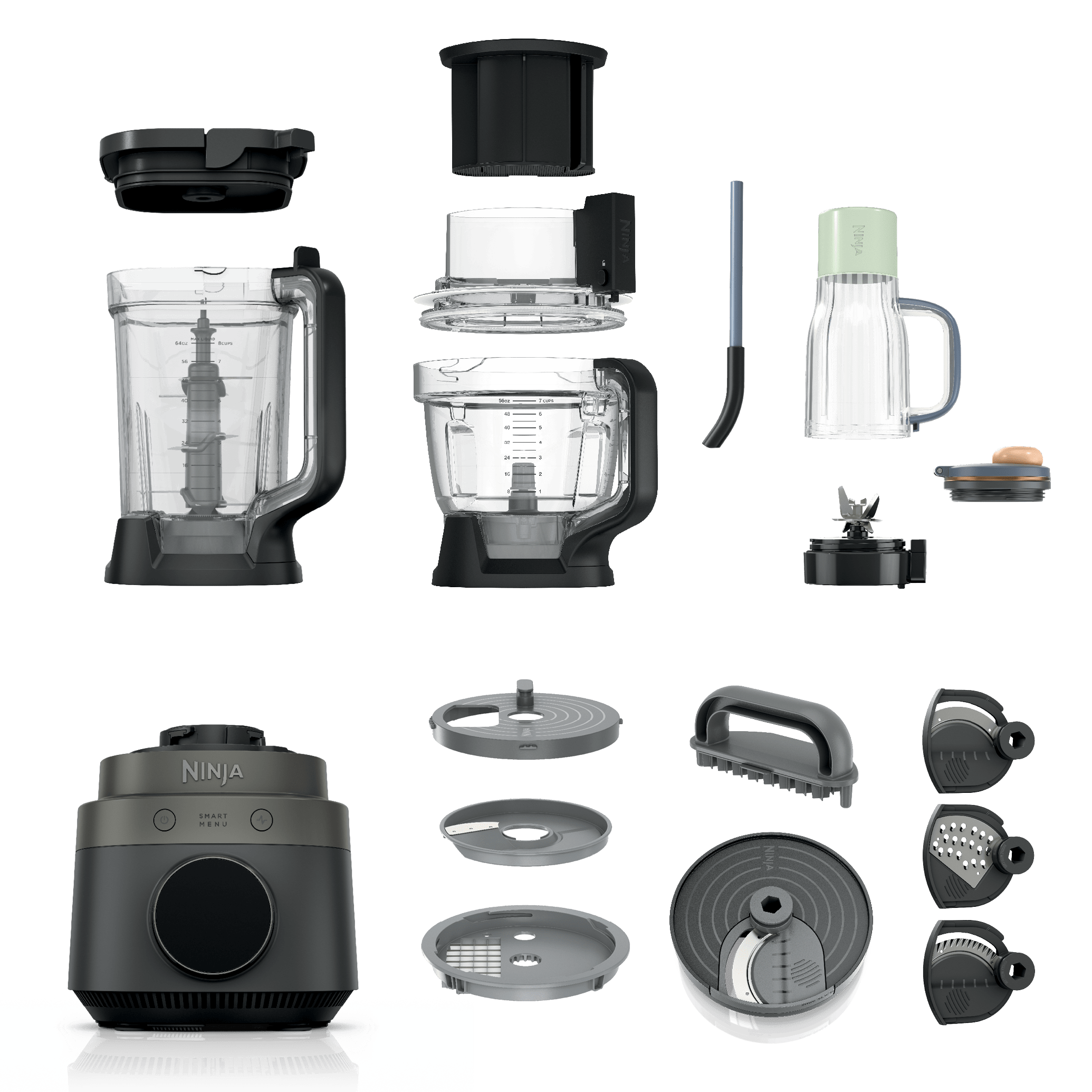 Ninja CrushBOSS LB451BK1 package components: black and copper motor base, pitcher, tumbler, 8-cup processor bowl and dicing and MultiBlade tools