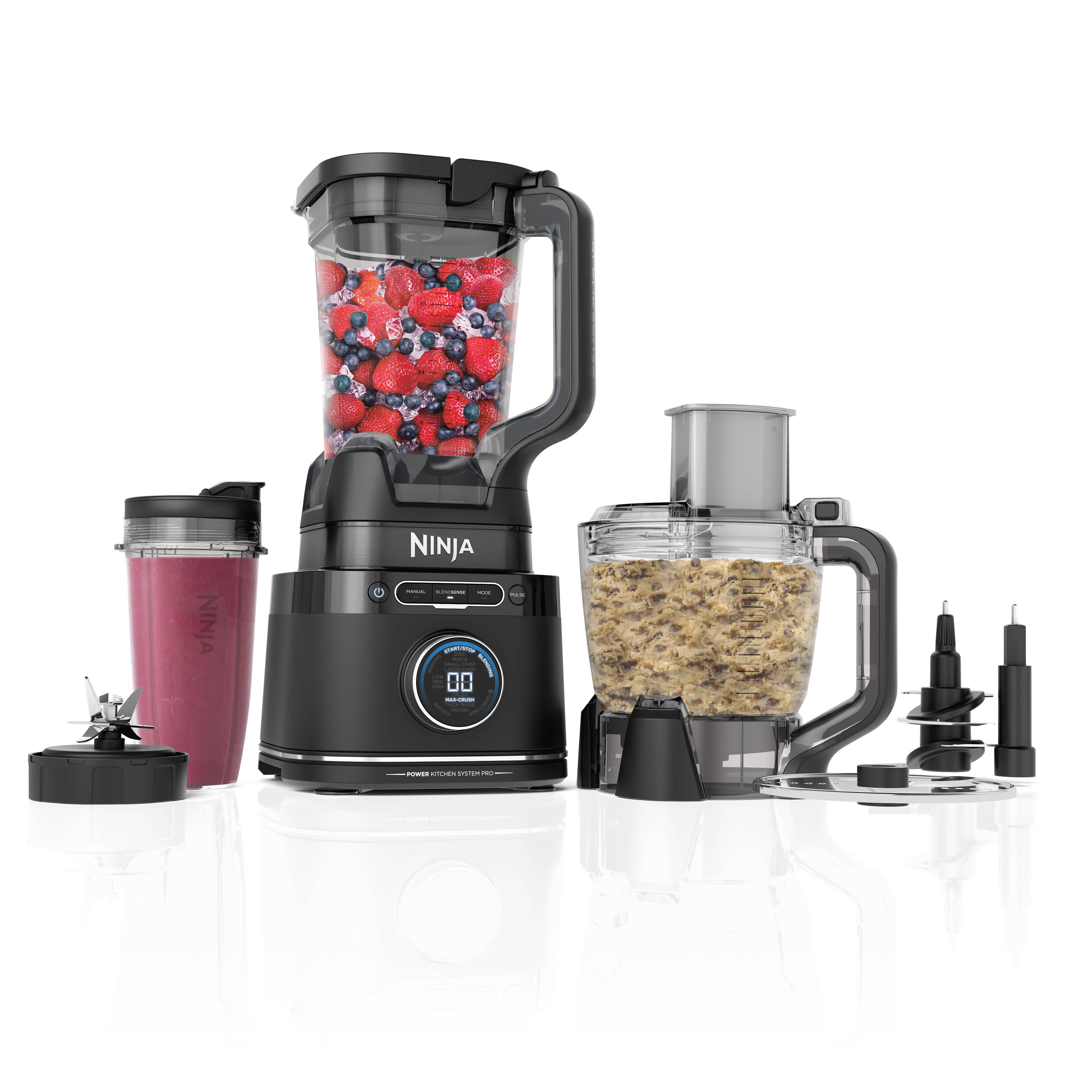 Ninja Detect TB401 black motor base with its blender pitcher, single-serve cup, food-processor bowl and blade attachments