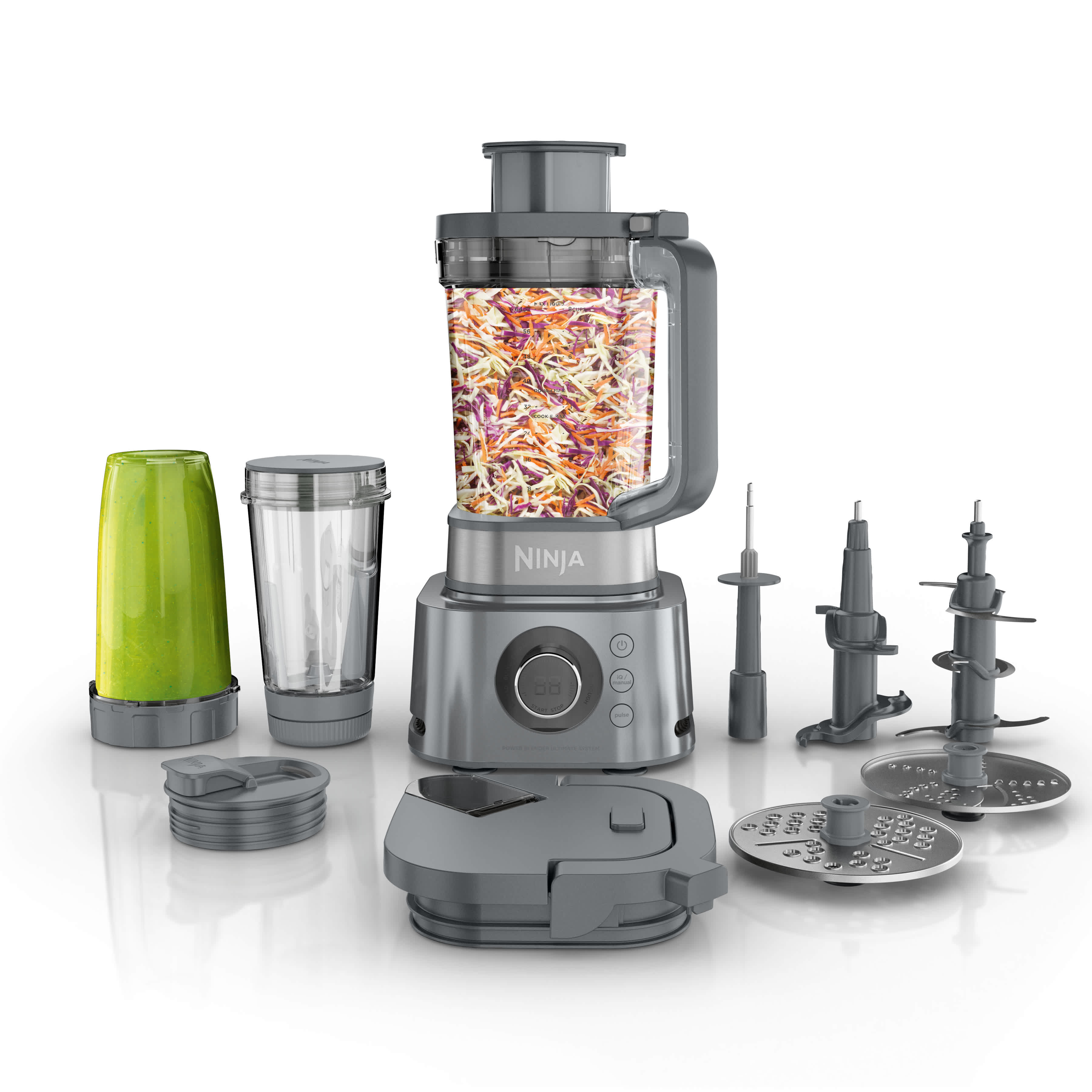 Ninja Foodi Power Blender Ultimate System SS401 gray motor base with processor pitcher, smoothie-bowl vessel, extraction cup and included blade and disc assemblies