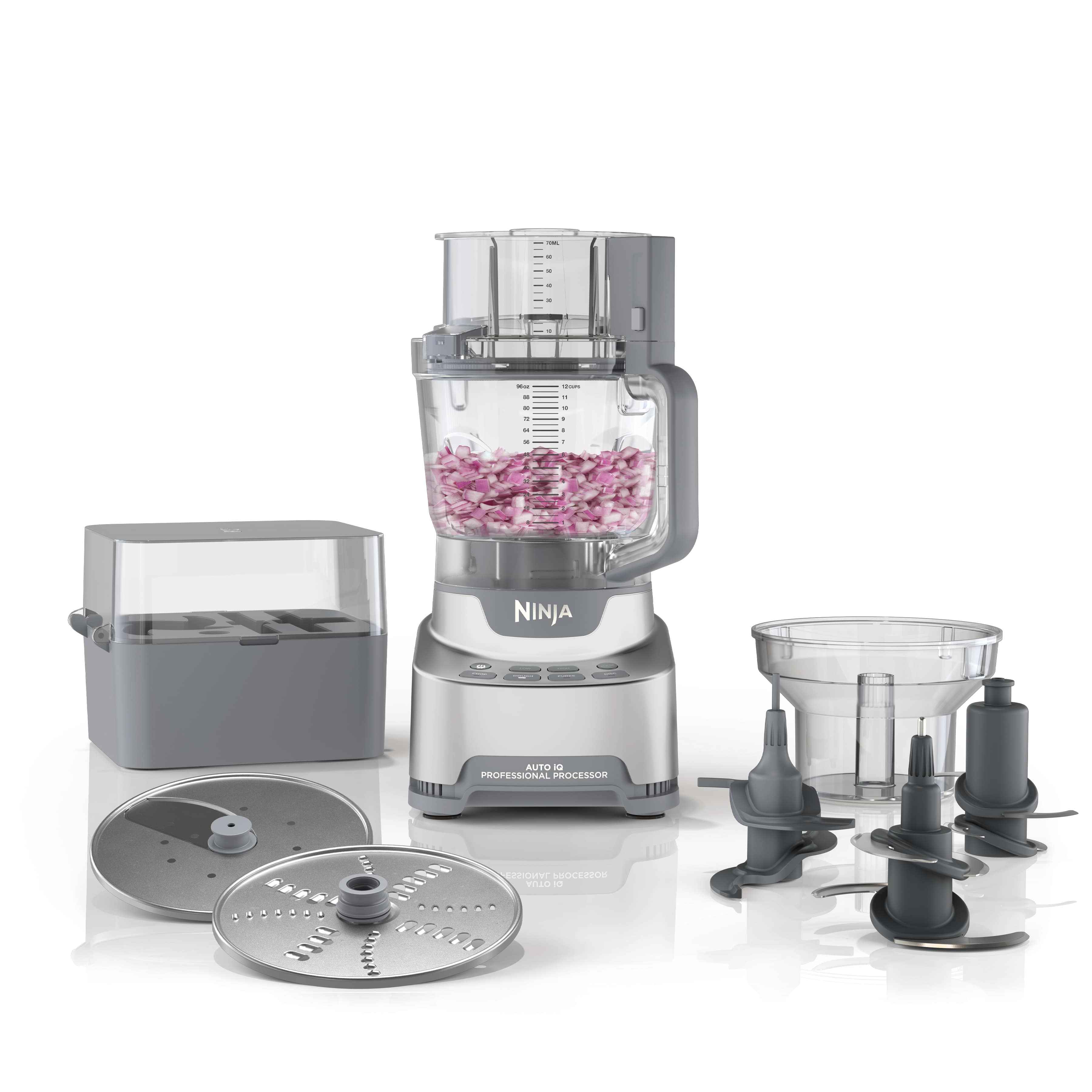 Ninja NF702 silver food processor with 12-cup bowl, included nesting workbowl, small chopping blade and accessories