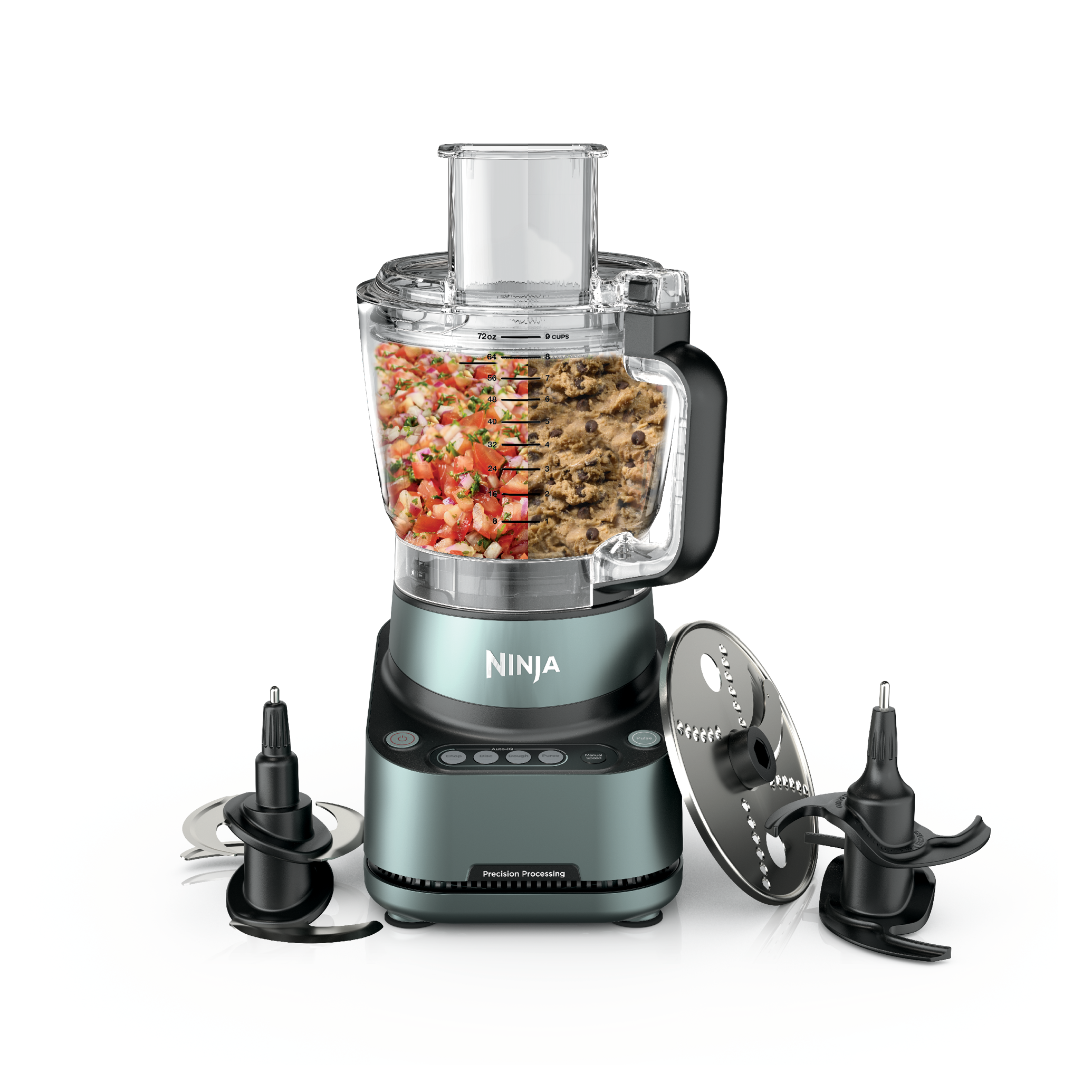 Ninja PrecisionPro BZ601 with its nine-cup bowl, chopping blade, dough blade and reversible slicing/shredding disc