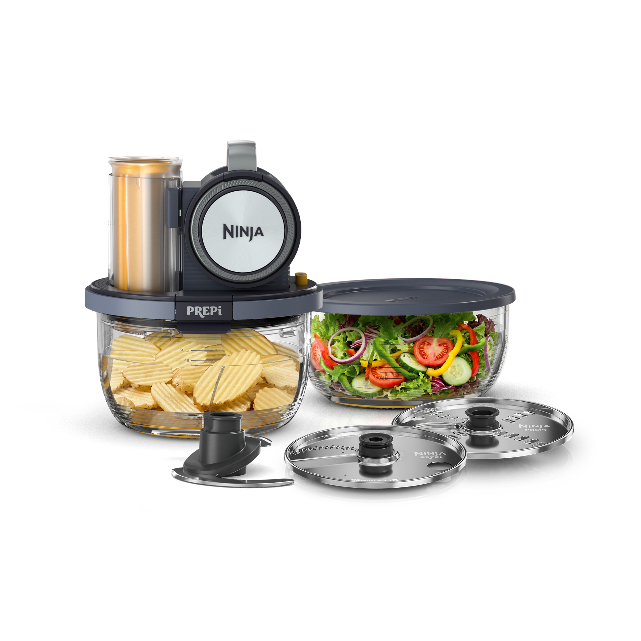 Ninja PREPi PN301 in Midnight Blue + Mango showing the included PREPi bowls and accessories