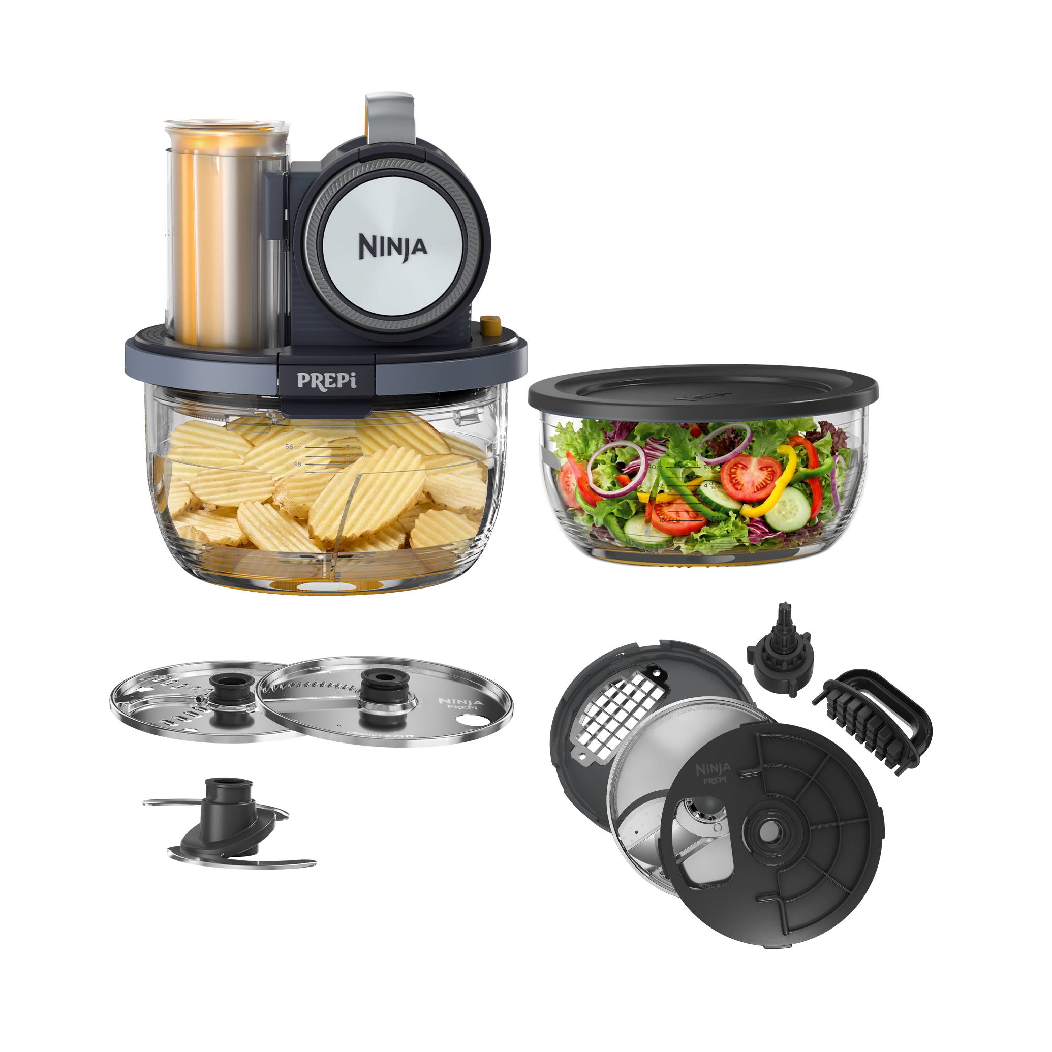 Ninja PREPi PN301B1 in Midnight Blue + Mango showing the included PREPi bowls and accessories