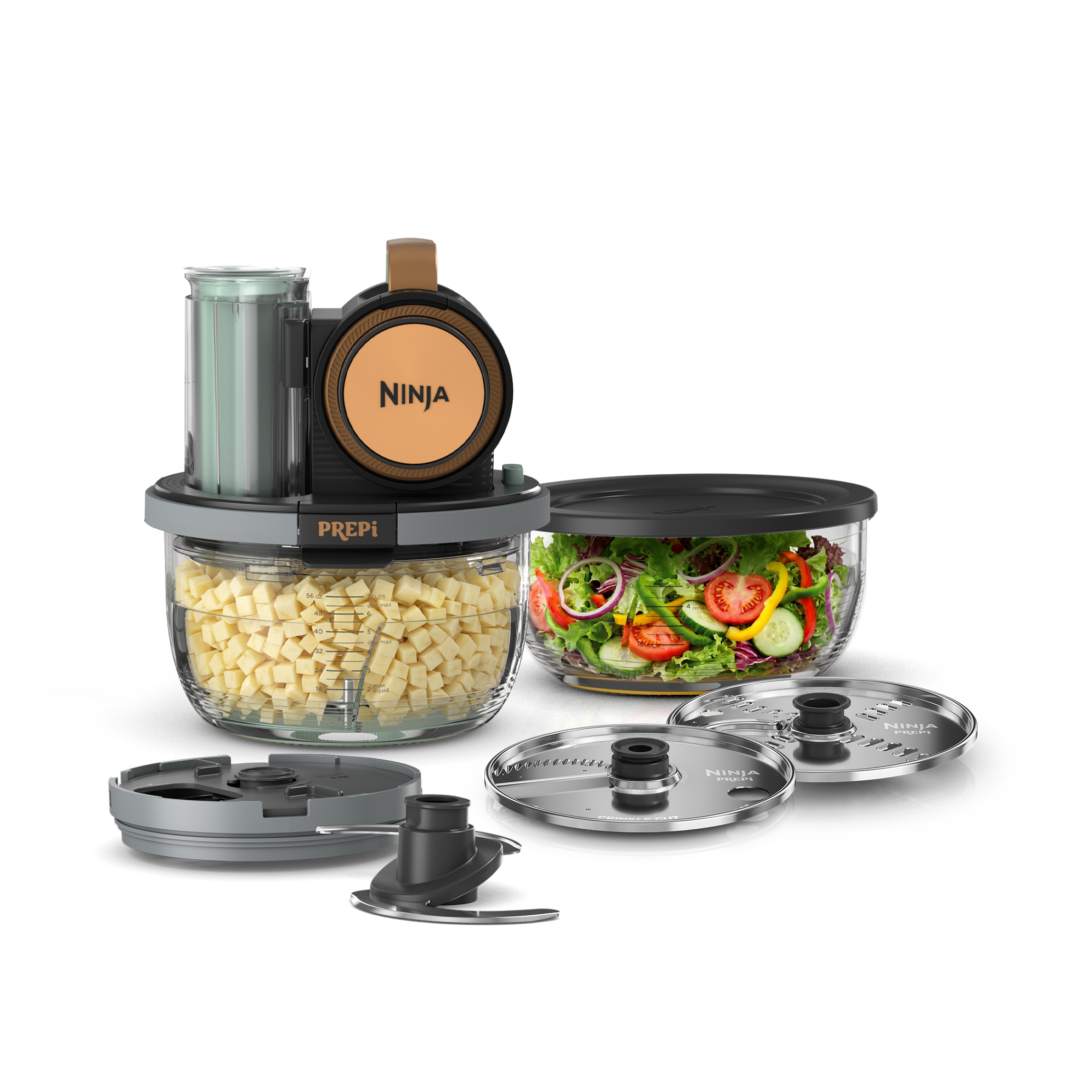 Ninja PREPi PN351 in Copper + Teal showing the included PREPi bowls and accessories