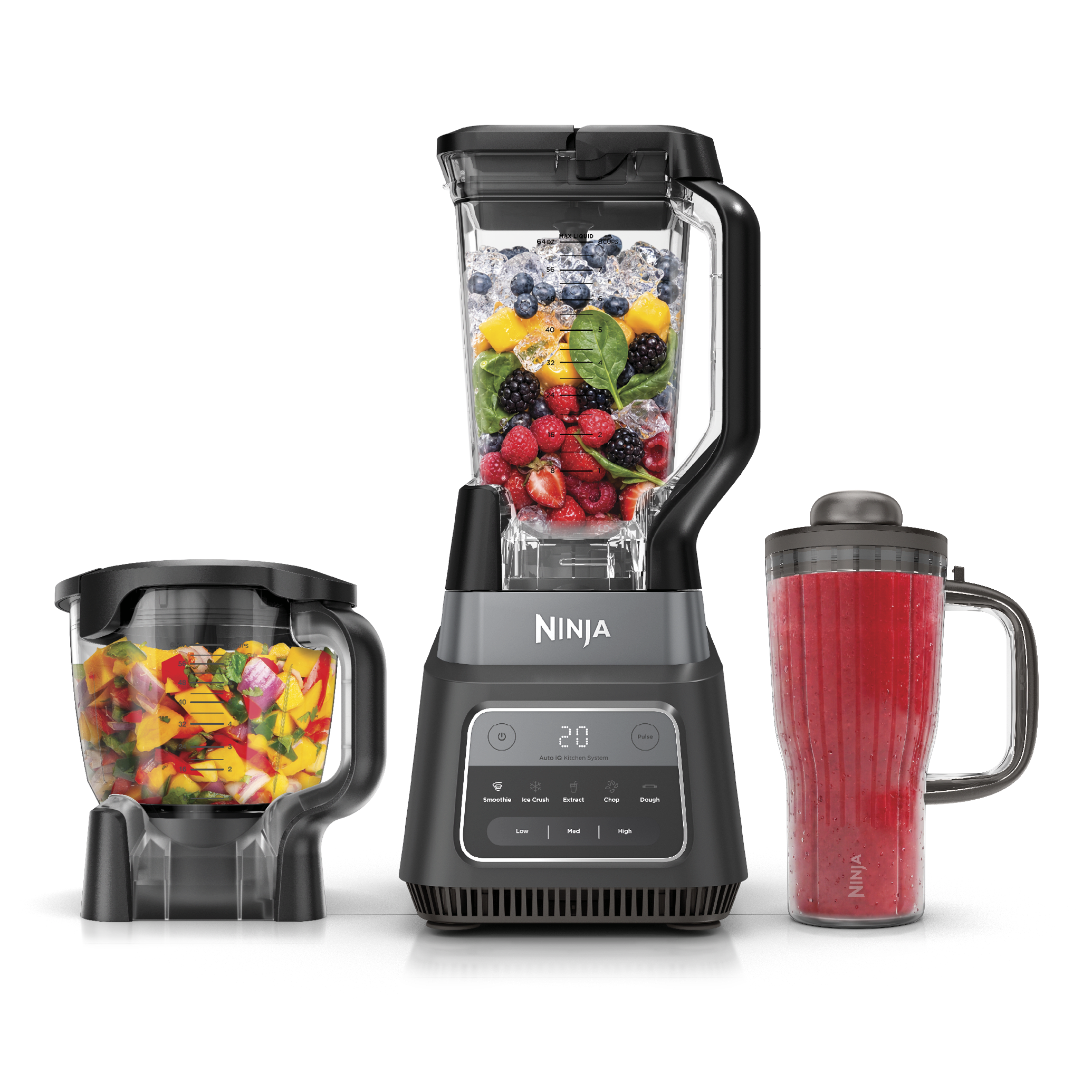 Ninja TotalCrush IQ801BK in Metallic Black with its 72-ounce blender pitcher, eight-cup food processor bowl, to-go tumbler and motor base