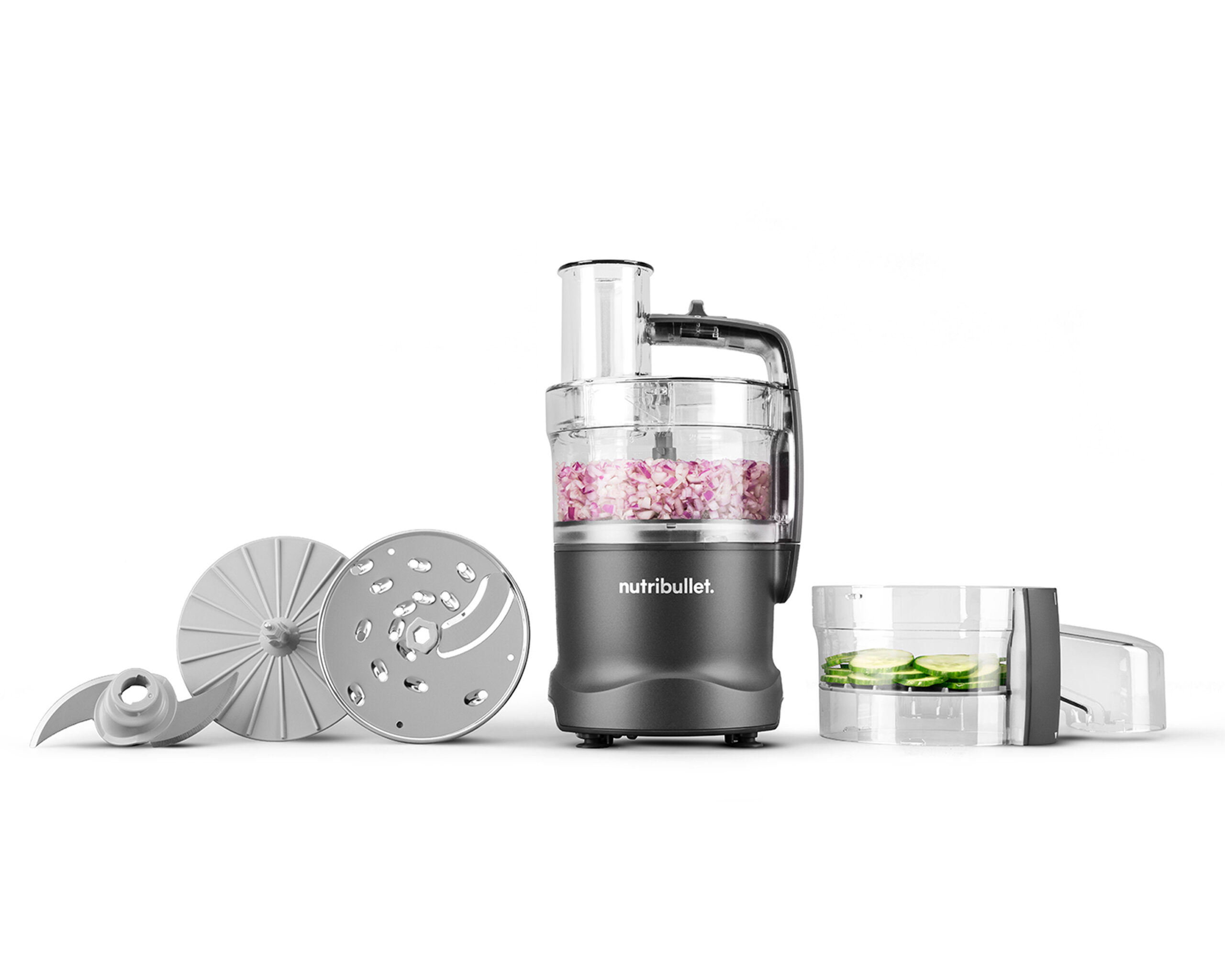 Gunmetal nutribullet Limitless NBP50300 processor with clear bowl, reversible disc, chopping blade and separate Endless Chute
