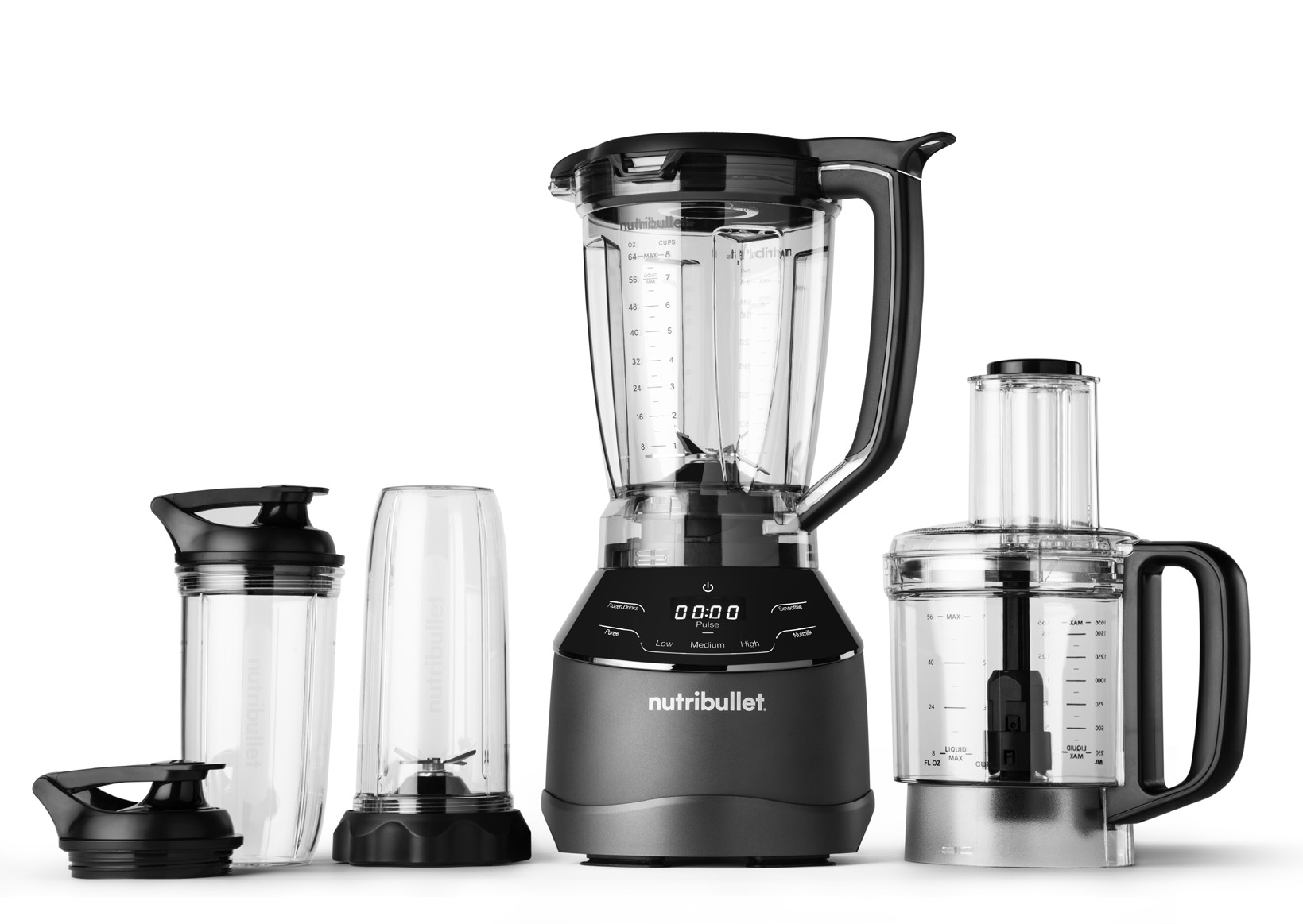 nutribullet Triple Prep System with full-size pitcher, personal cups, and food-processor bowl on the shared base