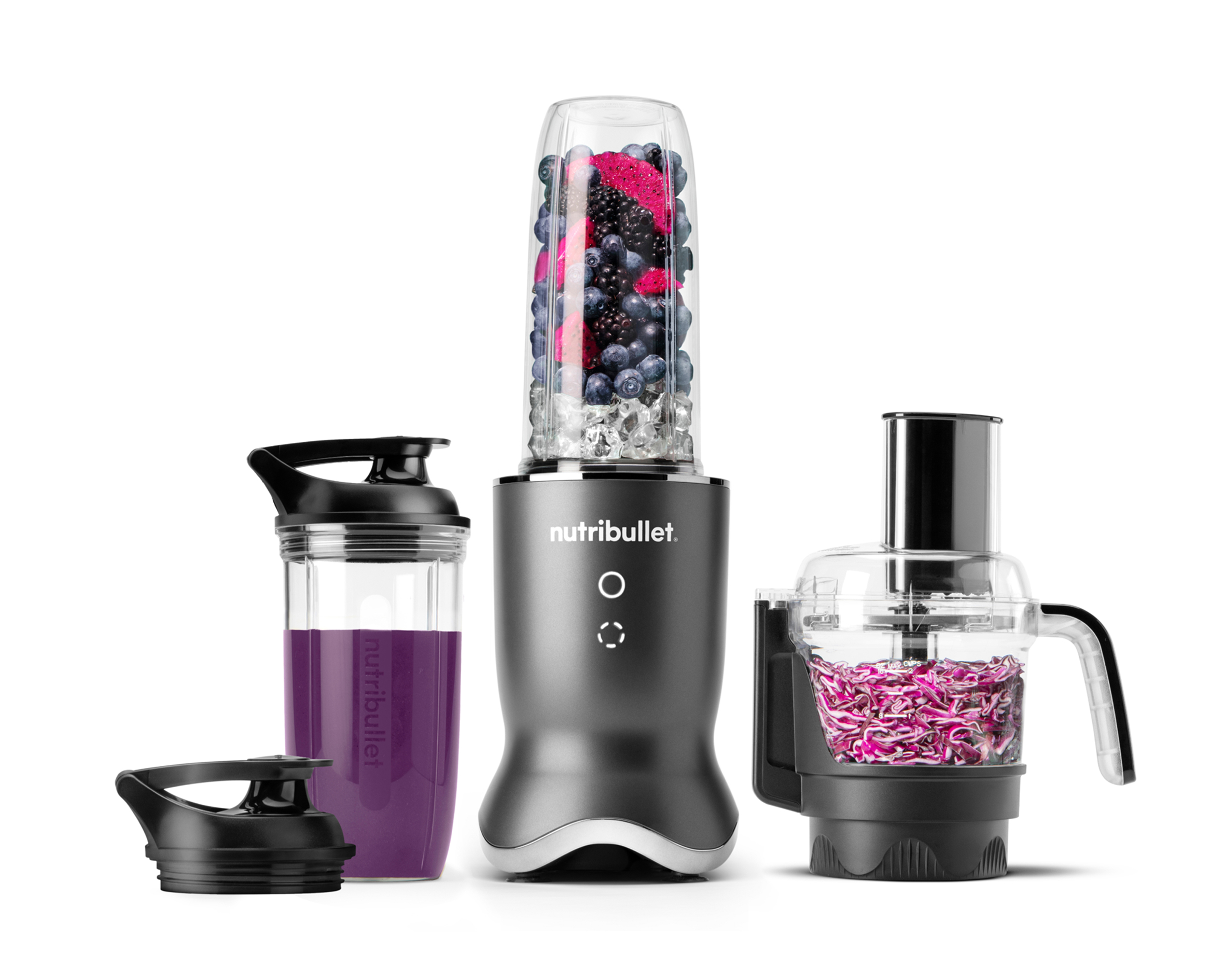 Official nutribullet Ultra Plus+ 2-in-1 NB20550ID product image showing the dark metallic shared base with personal-blender cups and processor attachment