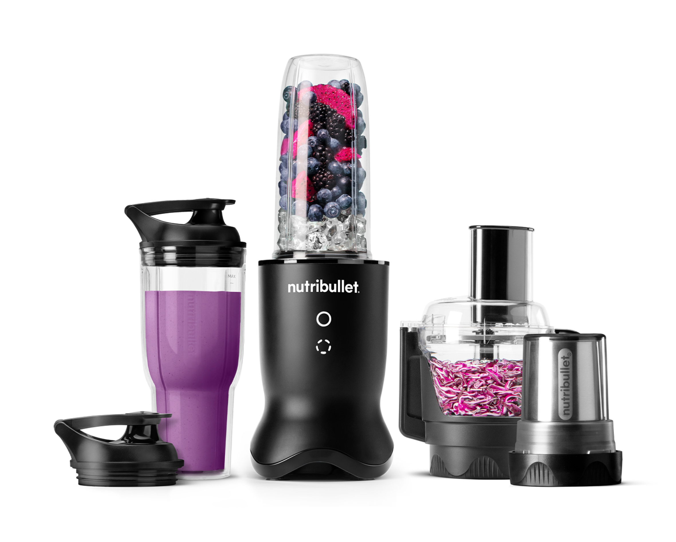 Satin-black nutribullet Ultra Plus+ NB50550AKID base beside its personal-blending cup, processor bowl and separate coffee/spice grinder attachment