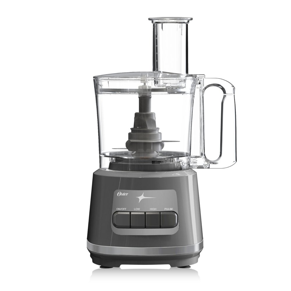 Robot culinaire Oster 10-Cup 2142920 avec socle gris, bol transparent et boutons étiquetés On/Off, Low, High et Pulse