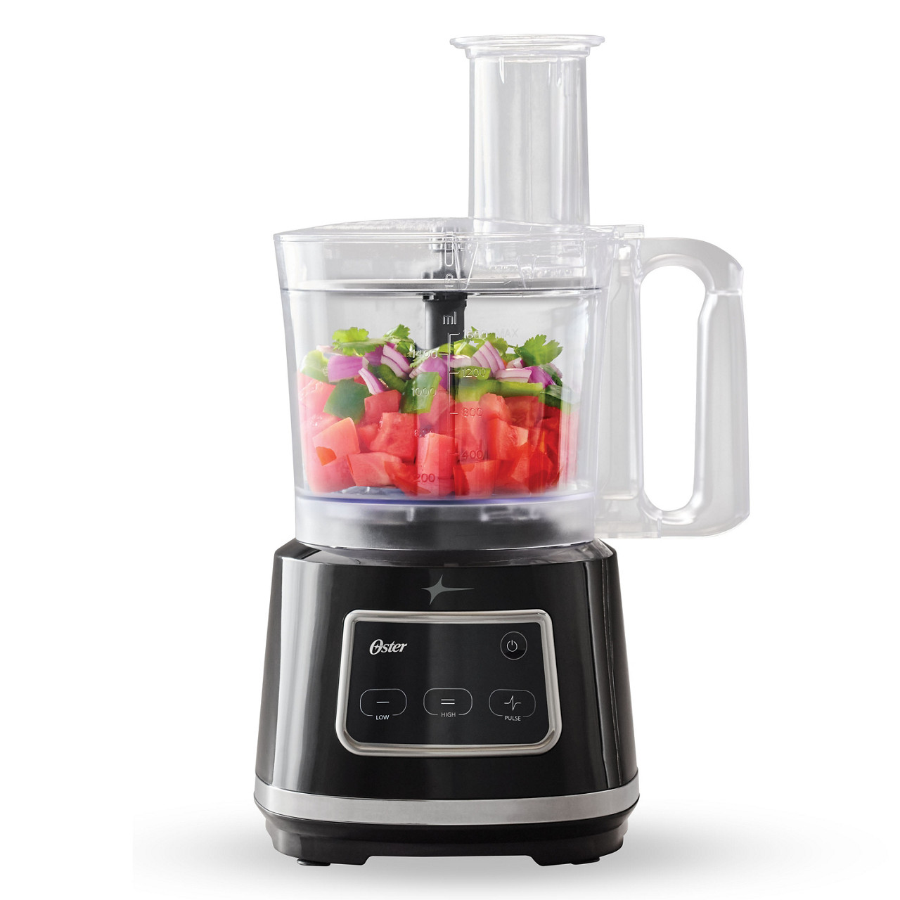 Oster 10-Cup Food Processor with Easy-Touch Technology, black base, clear work bowl and tall feed chute