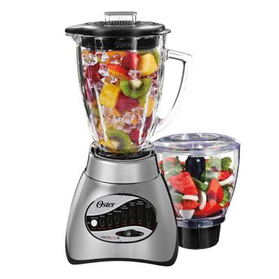 Oster Classic Series 6878 brushed-metal blender with a separate clear food-chopper vessel beside the glass pitcher