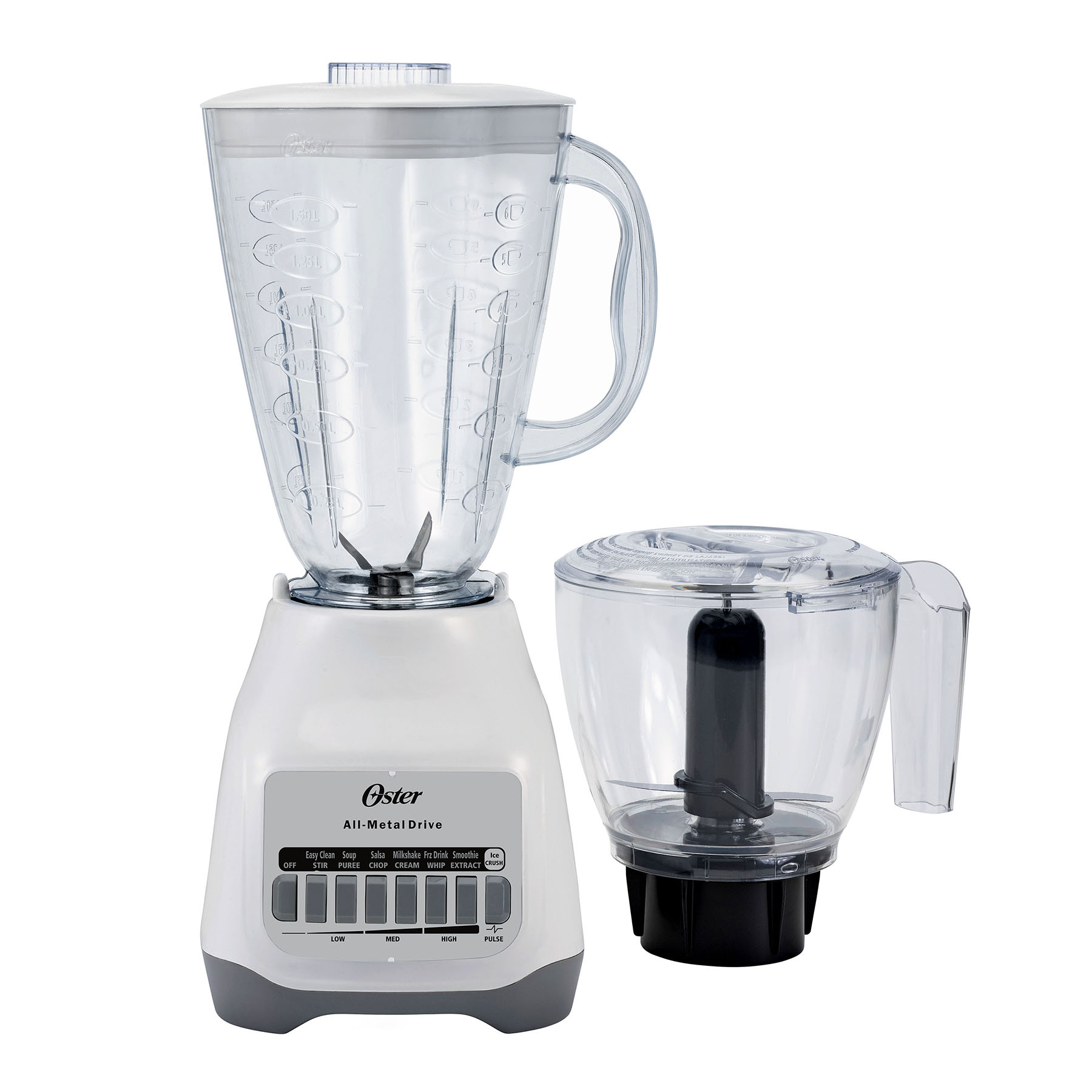 White Oster Classic 2-in-1 blender with a clear pitcher and separate clear processor bowl