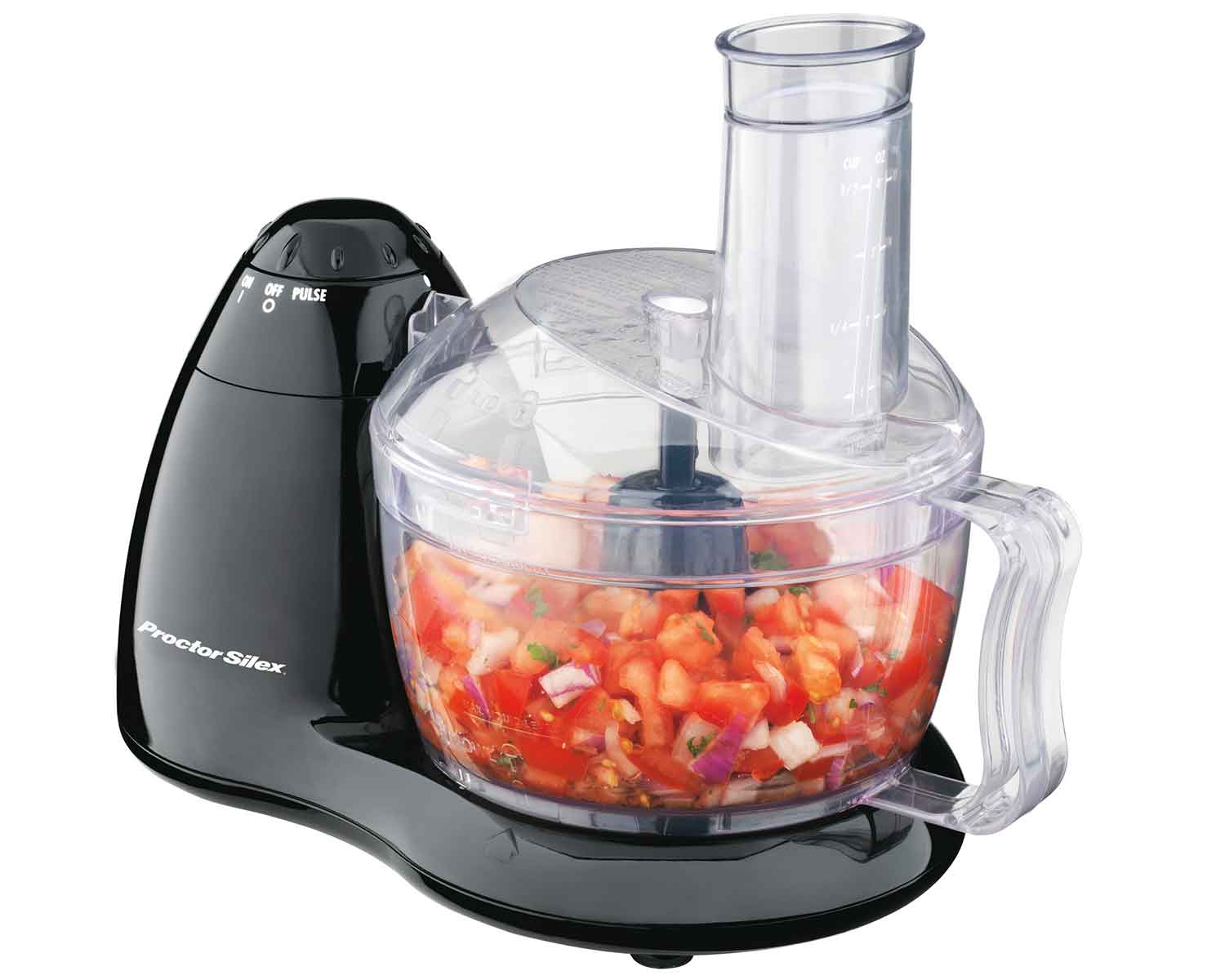 Robot culinaire Proctor Silex 70452A de huit tasses avec bol transparent, haute goulotte d’alimentation et sélecteur ON/OFF/PULSE