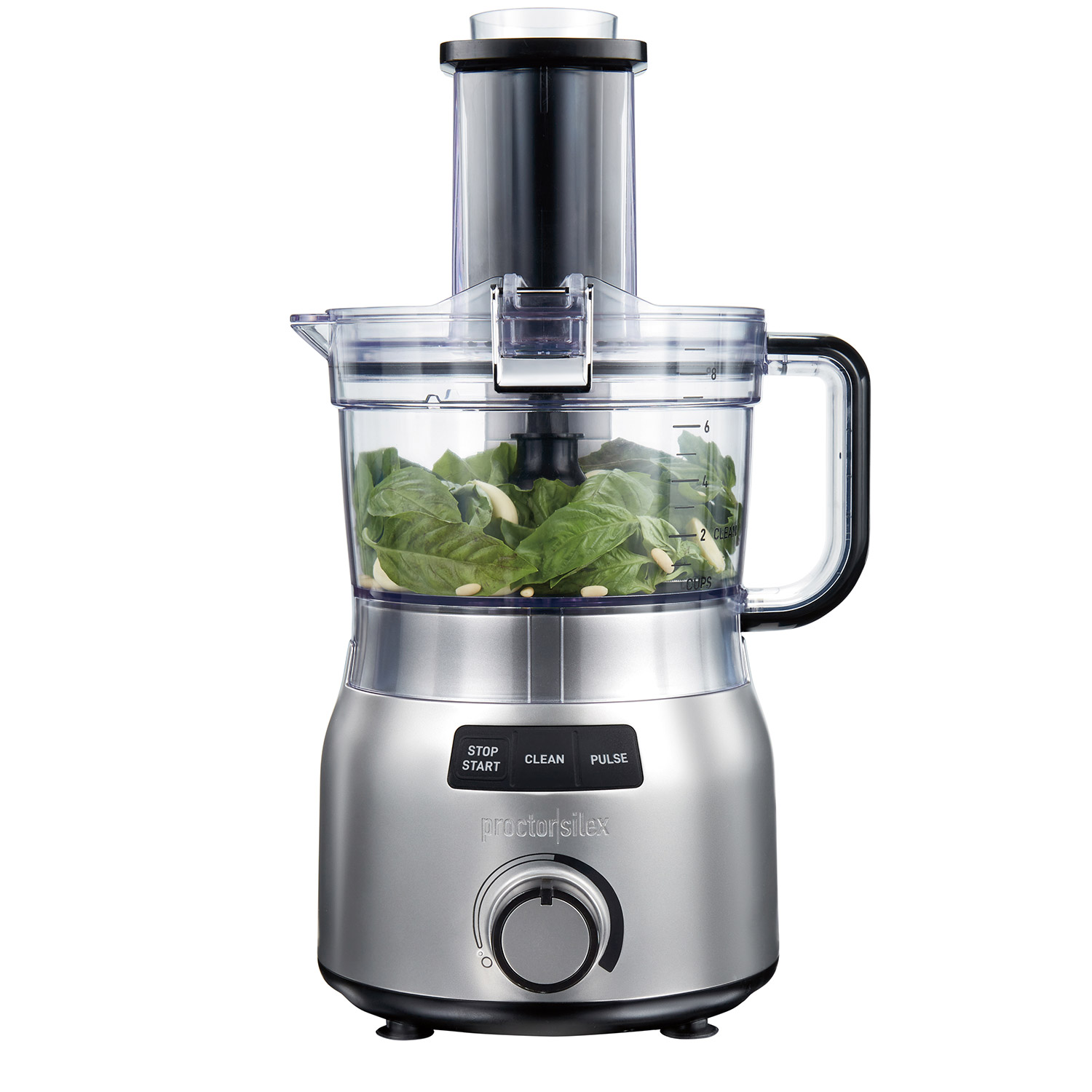 Proctor Silex 70810 nine-cup Quick Clean food processor with a tall feed chute, variable dial and CLEAN button