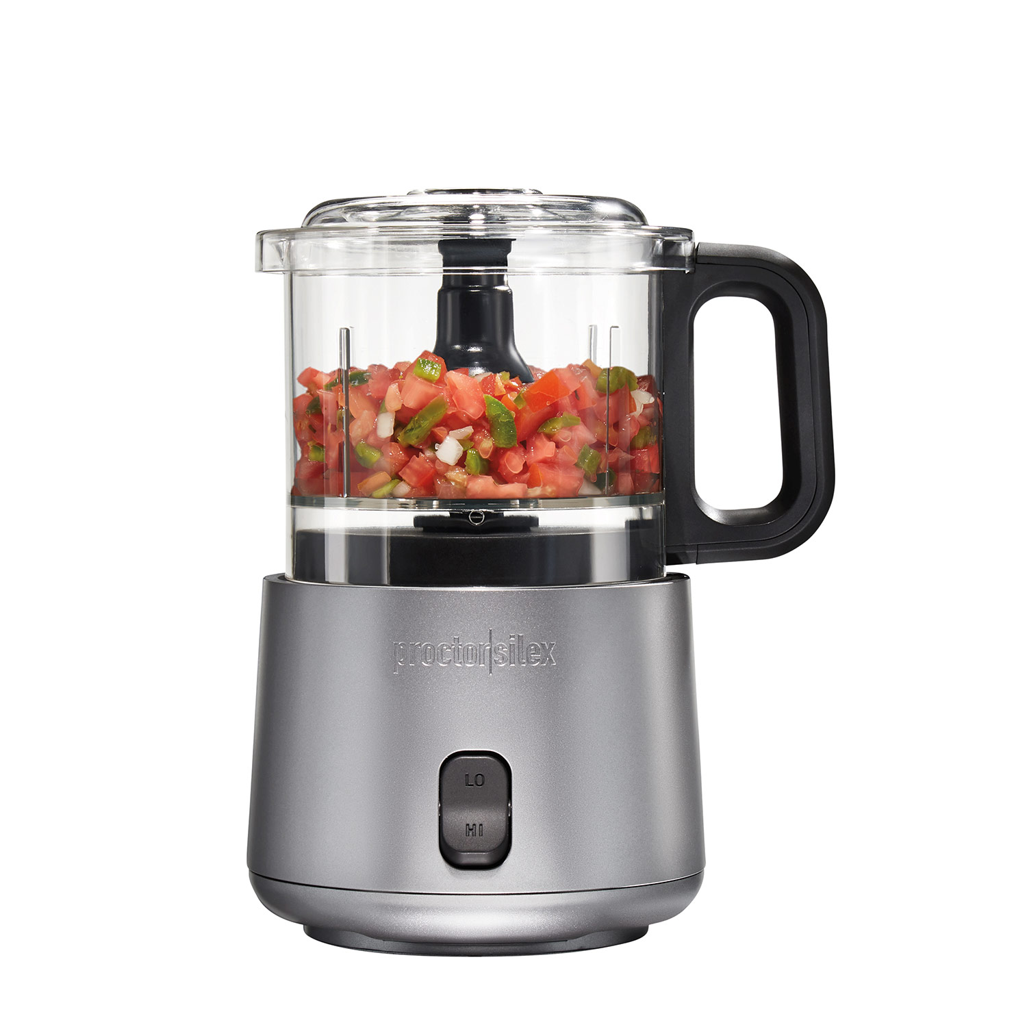 Proctor Silex 72870 food chopper with clear handled bowl, lid and LO/HI control on the gray/silver base